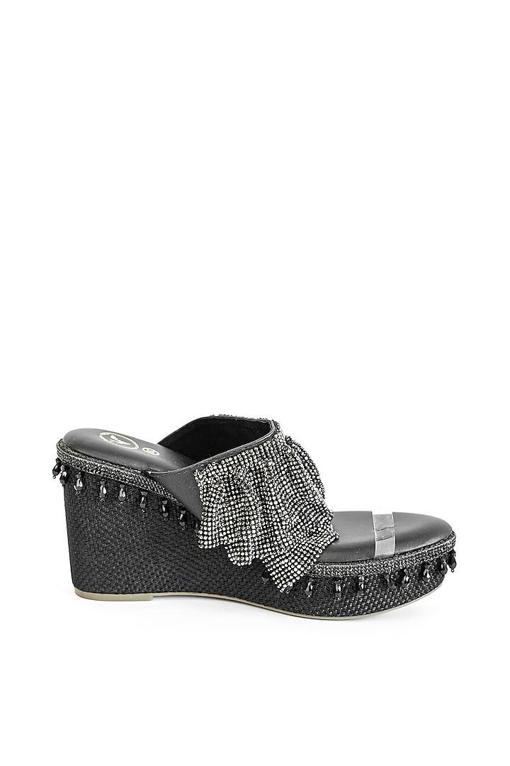 Black Vegan Embroidered Wedges by Sana K Luxurious Footwear at Pernia's Pop Up Shop