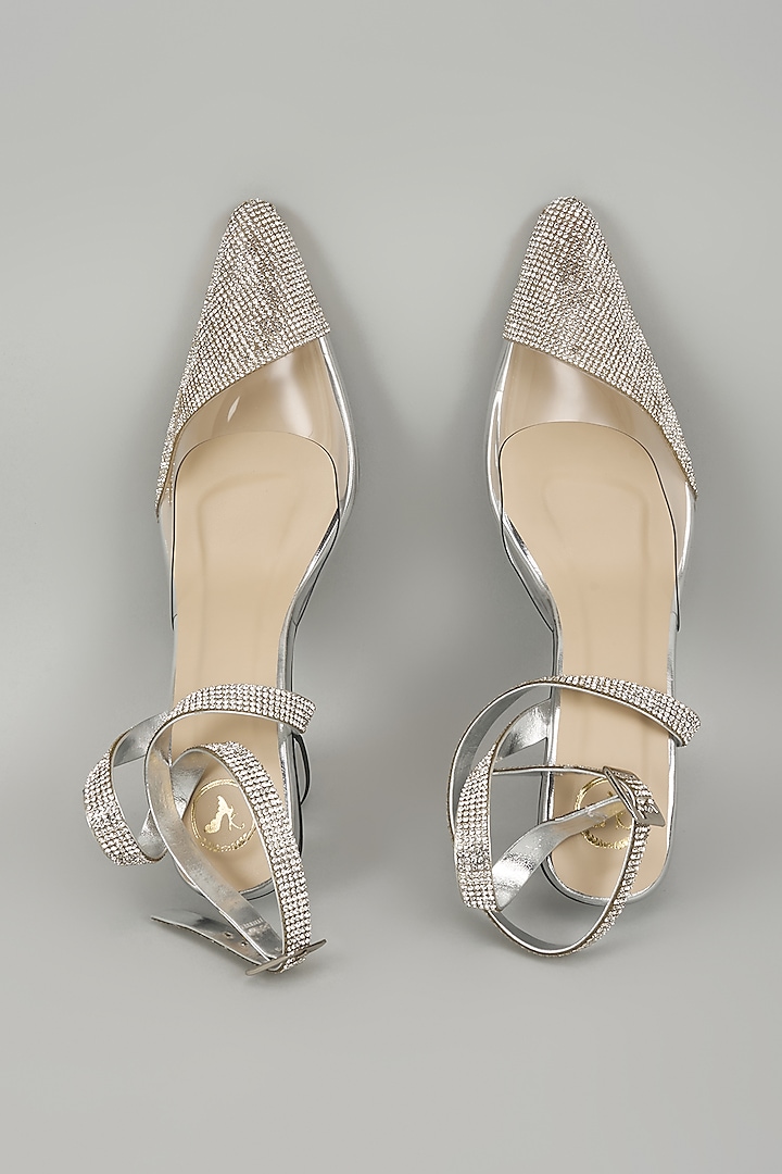 Silver Synthetic Rhinestone Embellished Heels by Sana K Luxurious Footwear at Pernia's Pop Up Shop