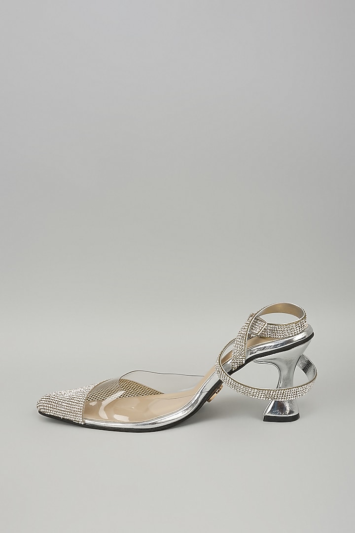 Silver Synthetic Rhinestone Embellished Heels by Sana K Luxurious Footwear at Pernia's Pop Up Shop