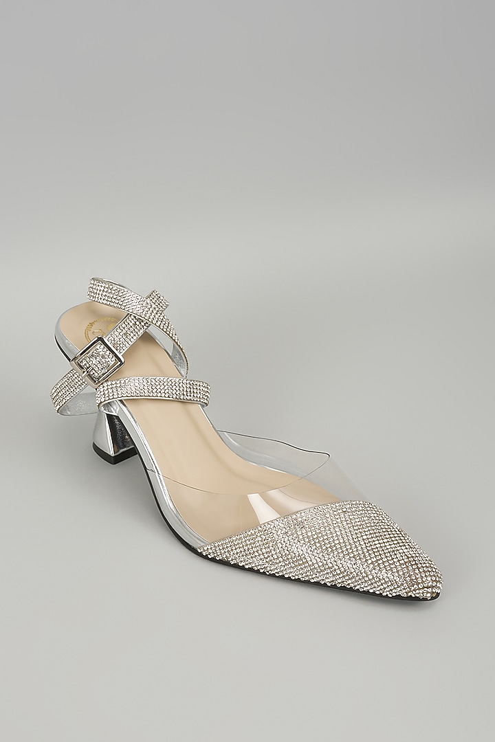 Silver Synthetic Rhinestone Embellished Heels by Sana K Luxurious Footwear at Pernia's Pop Up Shop