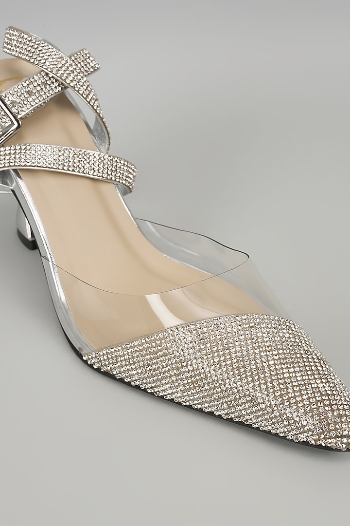 Silver Synthetic Rhinestone Embellished Heels by Sana K Luxurious Footwear at Pernia's Pop Up Shop