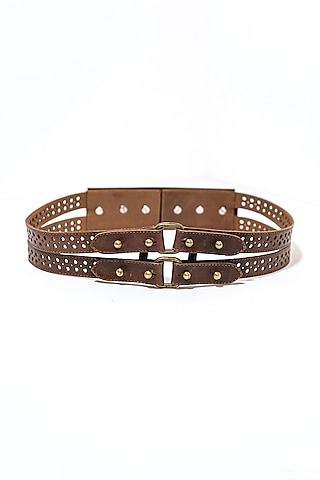Tan Leather & Metal Handcrafted Double Layered Belt by S&N BY SHANTNU NIKHIL Accessories