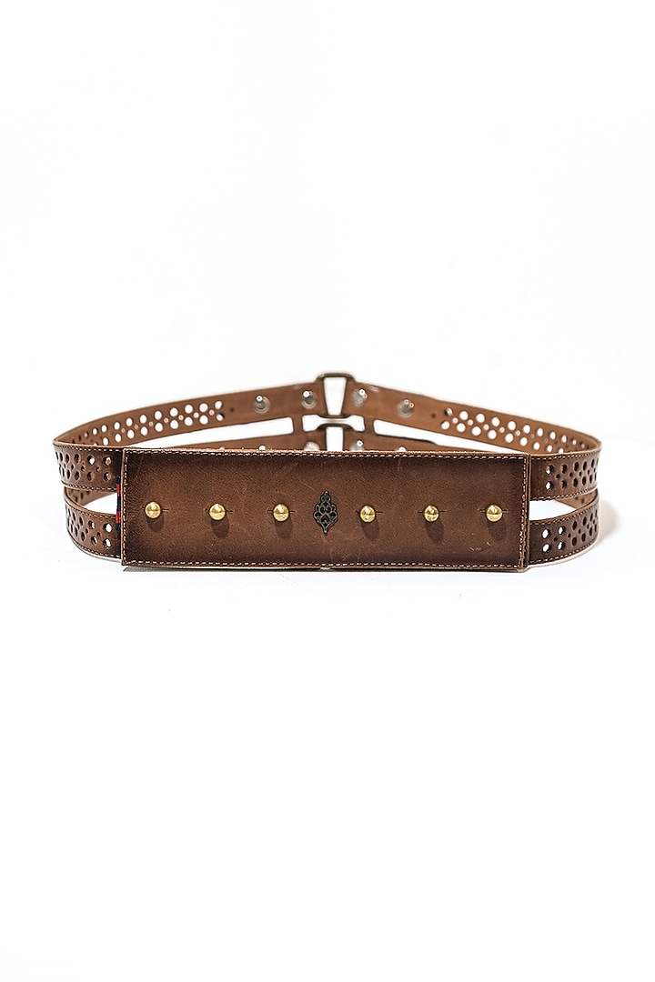 Tan Leather & Metal Handcrafted Double Layered Belt by S&N BY SHANTNU NIKHIL Accessories at Pernia's Pop Up Shop