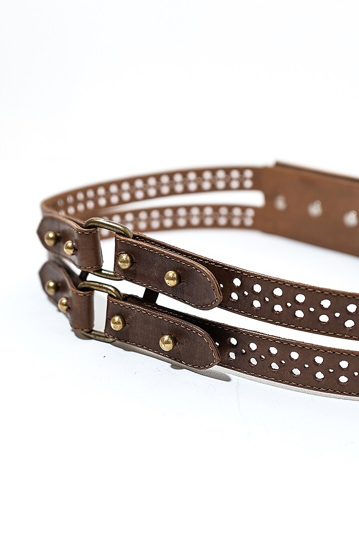 Tan Leather & Metal Handcrafted Double Layered Belt by S&N BY SHANTNU NIKHIL Accessories at Pernia's Pop Up Shop