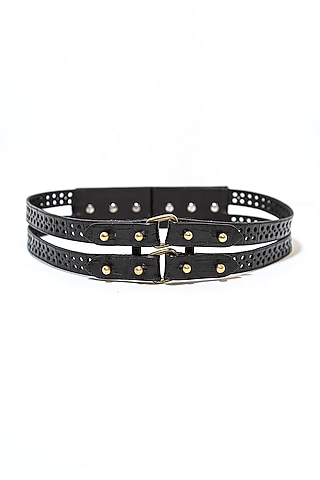 Black Leather & Metal Handcrafted Double Layered Belt by S&N BY SHANTNU NIKHIL Accessories