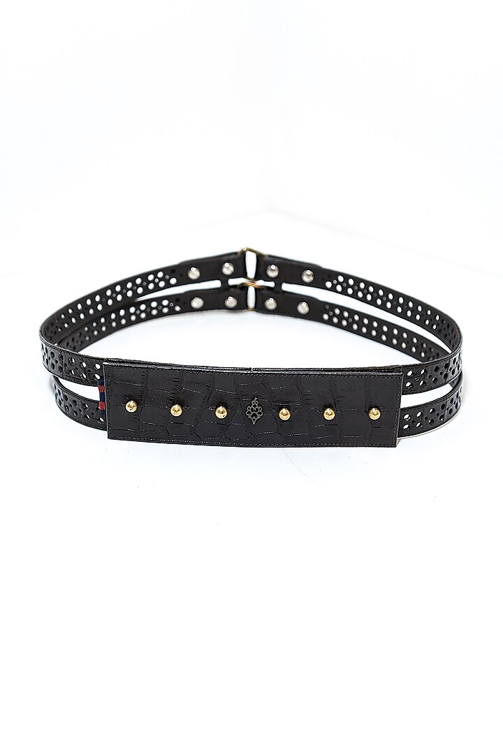 Black Leather & Metal Handcrafted Double Layered Belt by S&N BY SHANTNU NIKHIL Accessories at Pernia's Pop Up Shop