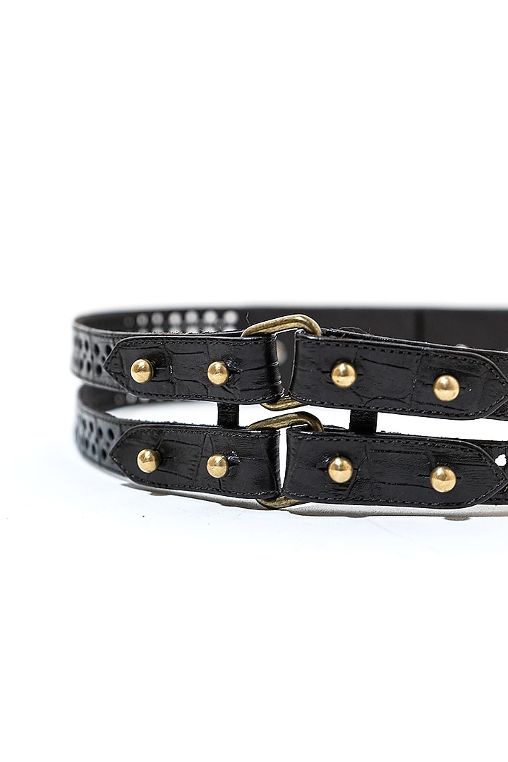 Black Leather & Metal Handcrafted Double Layered Belt by S&N BY SHANTNU NIKHIL Accessories at Pernia's Pop Up Shop