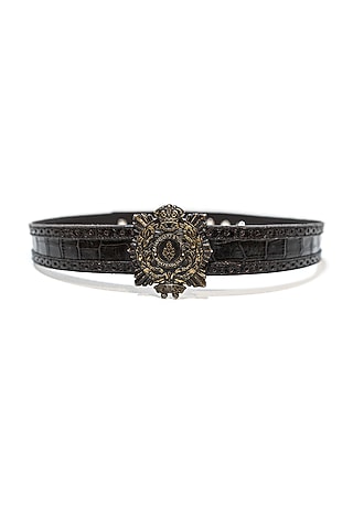 Choco Brown Leather & Metal Aerial Crested Belt by S&N BY SHANTNU NIKHIL Accessories