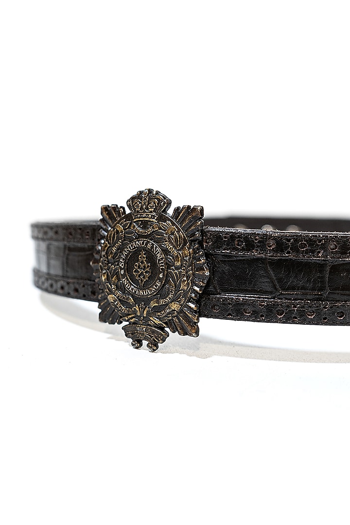 Choco Brown Leather & Metal Aerial Crested Belt by S&N BY SHANTNU NIKHIL Accessories at Pernia's Pop Up Shop