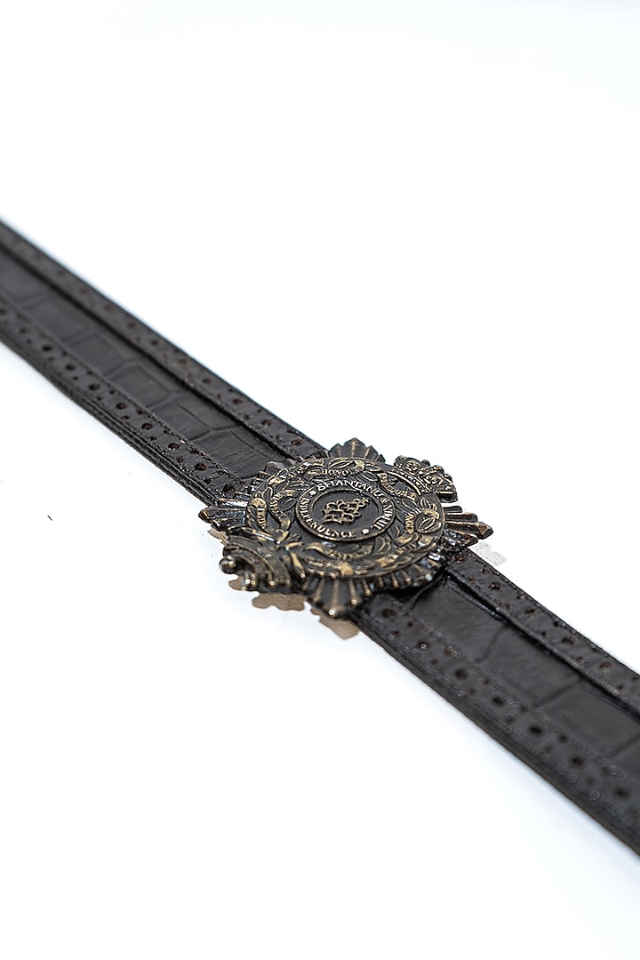 Choco Brown Leather & Metal Aerial Crested Belt by S&N BY SHANTNU NIKHIL Accessories at Pernia's Pop Up Shop