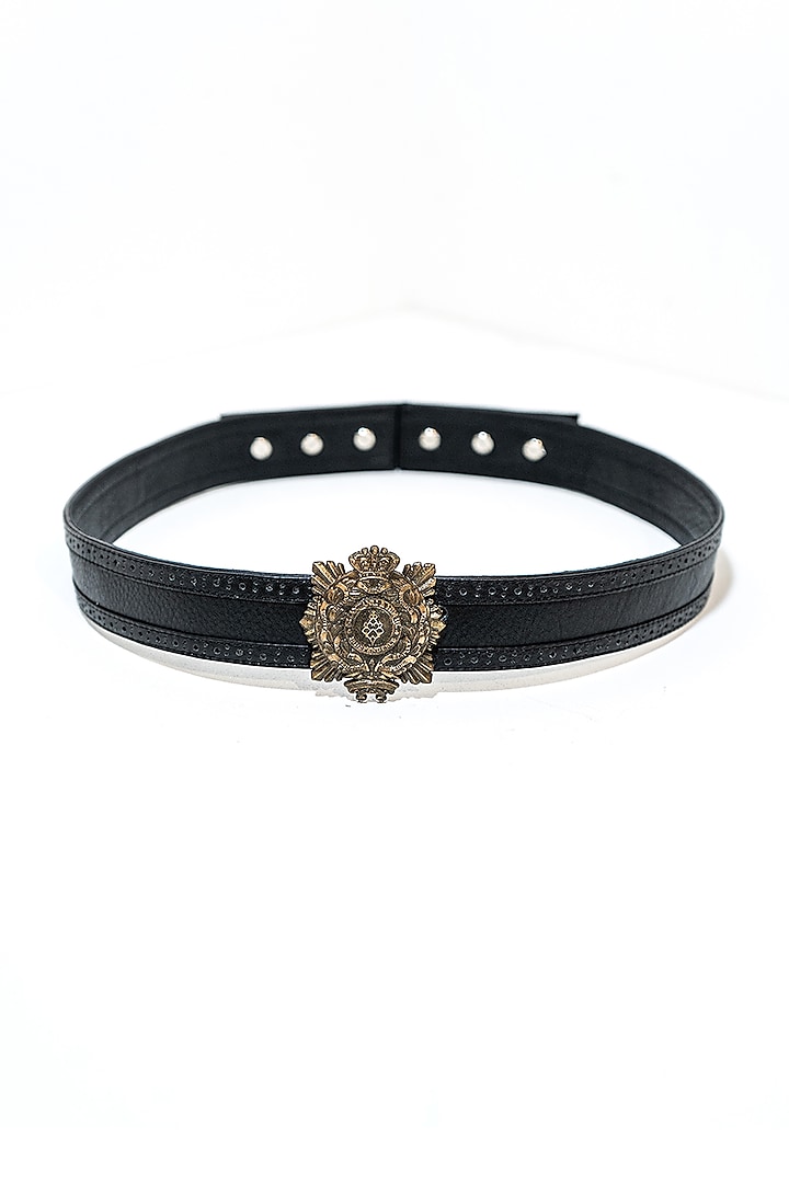 Black Leather & Metal Aerial Crested Belt by S&N BY SHANTNU NIKHIL Accessories at Pernia's Pop Up Shop