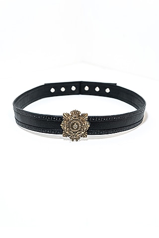 Black Leather & Metal Aerial Crested Belt by S&N BY SHANTNU NIKHIL Accessories