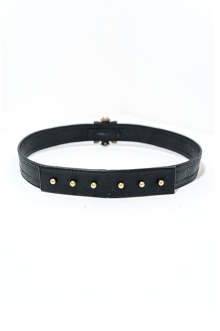 Black Leather & Metal Aerial Crested Belt by S&N BY SHANTNU NIKHIL Accessories at Pernia's Pop Up Shop