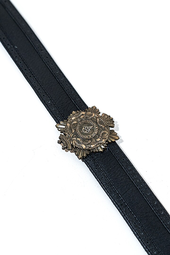 Black Leather & Metal Aerial Crested Belt by S&N BY SHANTNU NIKHIL Accessories at Pernia's Pop Up Shop