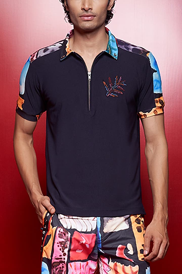 Black Knitted Polyester Jersey Printed Zipper Polo T-shirt by Shivan  Narresh Men at Pernia's Pop Up Shop