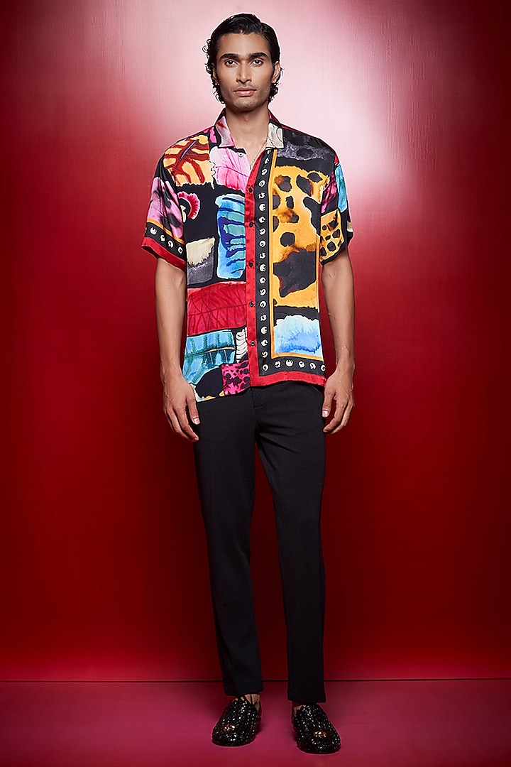 Multi-Colored Satin Silk Printed Oversized Resort Shirt by Shivan & Narresh Men