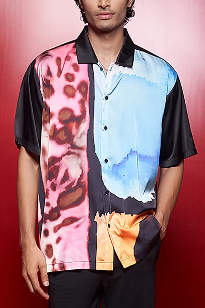 Black Satin Stretch Printed Lounge Wedding Shirt by Shivan & Narresh Men at Pernia's Pop Up Shop