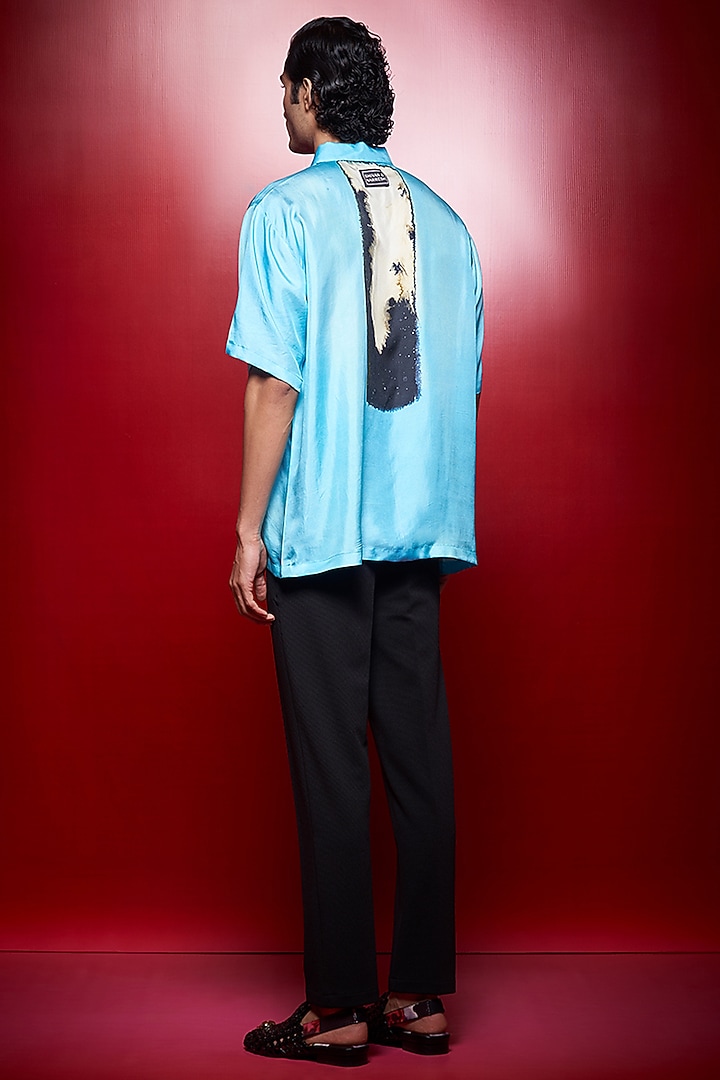 Aqua Twill Silk Printed Cabana Wedding Shirt by Shivan & Narresh Men at Pernia's Pop Up Shop