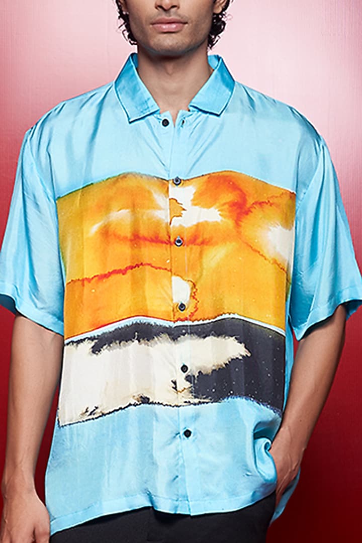 Aqua Twill Silk Printed Cabana Wedding Shirt by Shivan & Narresh Men at Pernia's Pop Up Shop