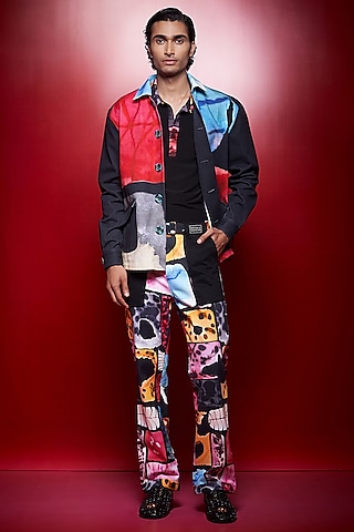 Black Cotton denim Printed Shacket by Shivan & Narresh Men
