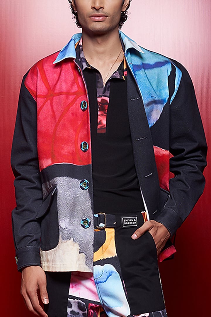 Black Cotton denim Printed Shacket by Shivan & Narresh Men at Pernia's Pop Up Shop