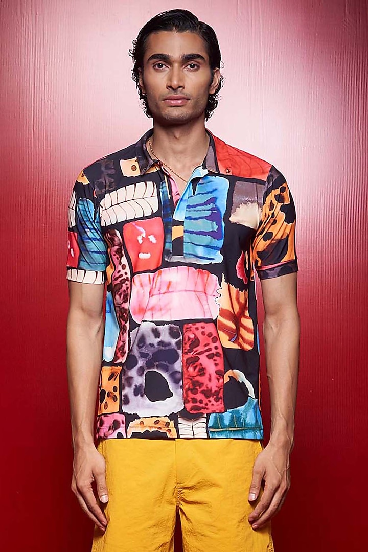Multi-Colored Knitted Polyester Jersey Printed Zolostamp Polo Shirt by Shivan & Narresh Men
