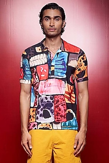 Multi-Colored Knitted Polyester Jersey Printed Zolostamp Polo Shirt by Shivan & Narresh Men-POPULAR PRODUCTS AT STORE