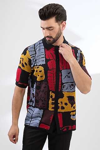 Multi-Colored Knitted Cotton Jacquard Shirt by Shivan & Narresh Men