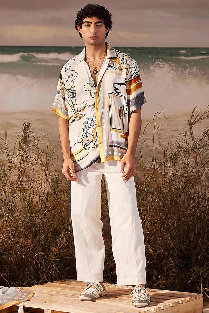 Ivory Satin Silk Printed Oversized Resort Shirt by Shivan & Narresh Men