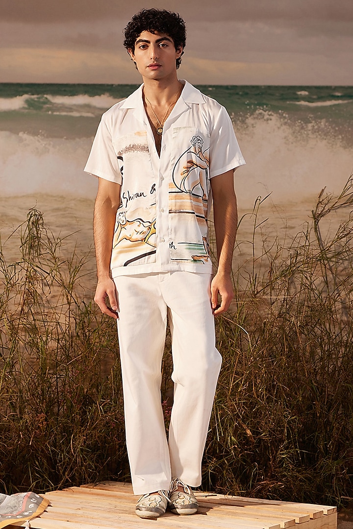 Ivory Satin Stretch Printed Panelled Resort Shirt by Shivan & Narresh Men