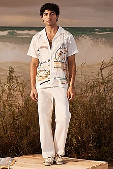 Ivory Satin Stretch Printed Panelled Resort Shirt by Shivan & Narresh Men-POPULAR PRODUCTS AT STORE
