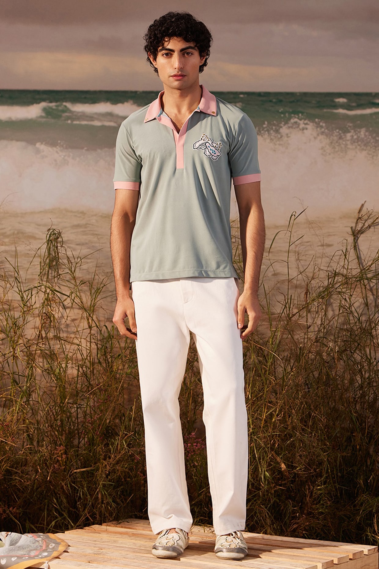 や*ー様 Stone polo shirt archive Sage Knitted Polyester Jersey Polo T-shirt by Shivan & Narresh Men