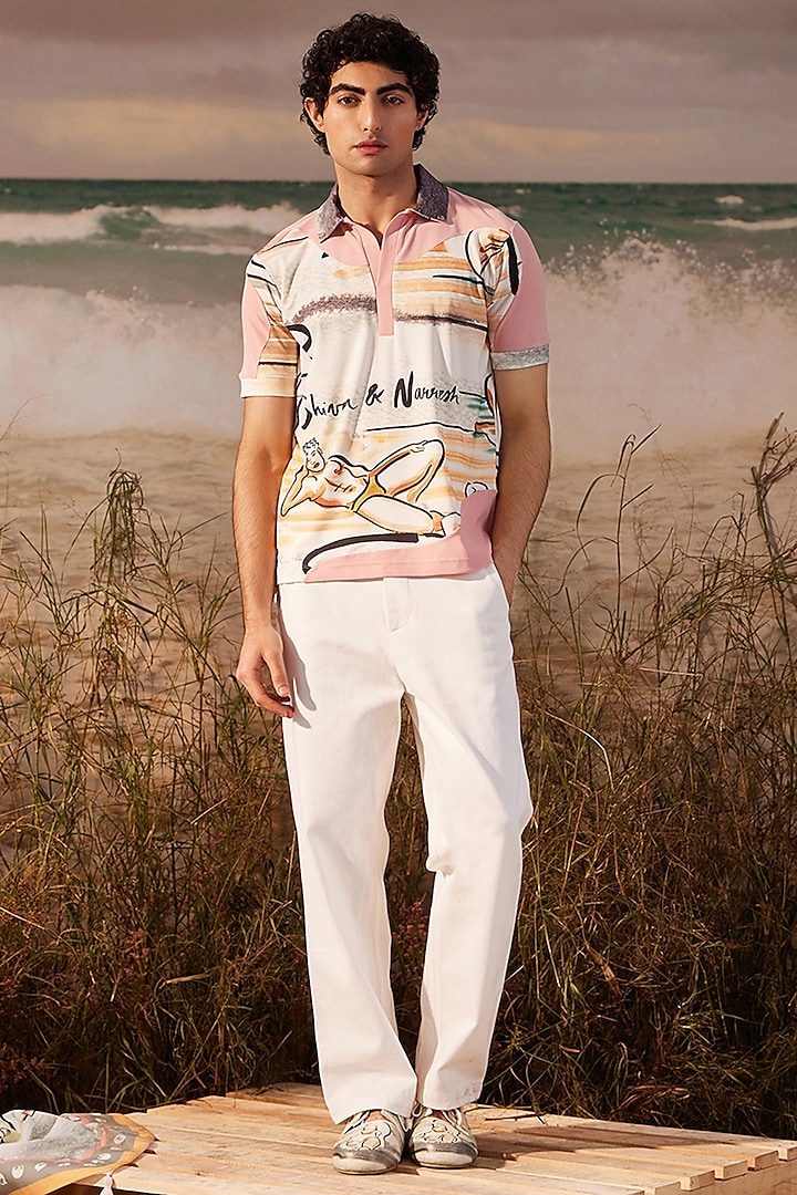 Multi-Colored Knitted Polyester Jersey Printed Polo T-shirt by Shivan & Narresh Men