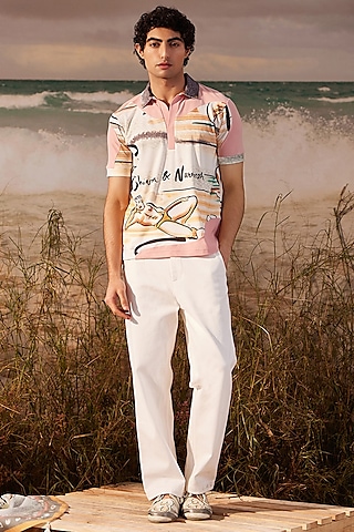 Multi-Colored Knitted Polyester Jersey Printed Polo T-shirt by Shivan & Narresh Men