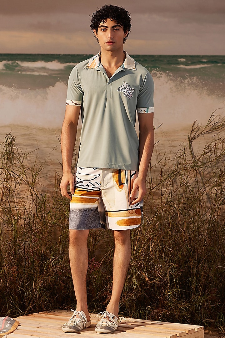 Sage Knitted Polyester Jersey Printed Polo T-shirt by Shivan & Narresh Men