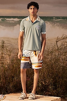 Sage Knitted Polyester Jersey Printed Polo T-shirt by Shivan & Narresh Men-POPULAR PRODUCTS AT STORE