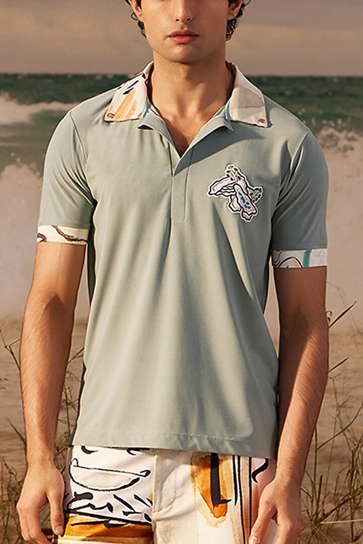 Sage Knitted Polyester Jersey Printed Polo T-shirt by Shivan & Narresh Men at Pernia's Pop Up Shop