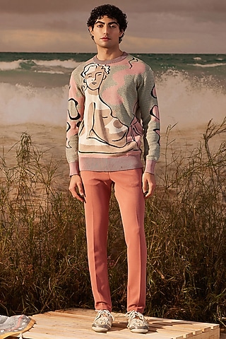 Grey Cotton Printed Hand-Knitted Jumper by Shivan & Narresh Men