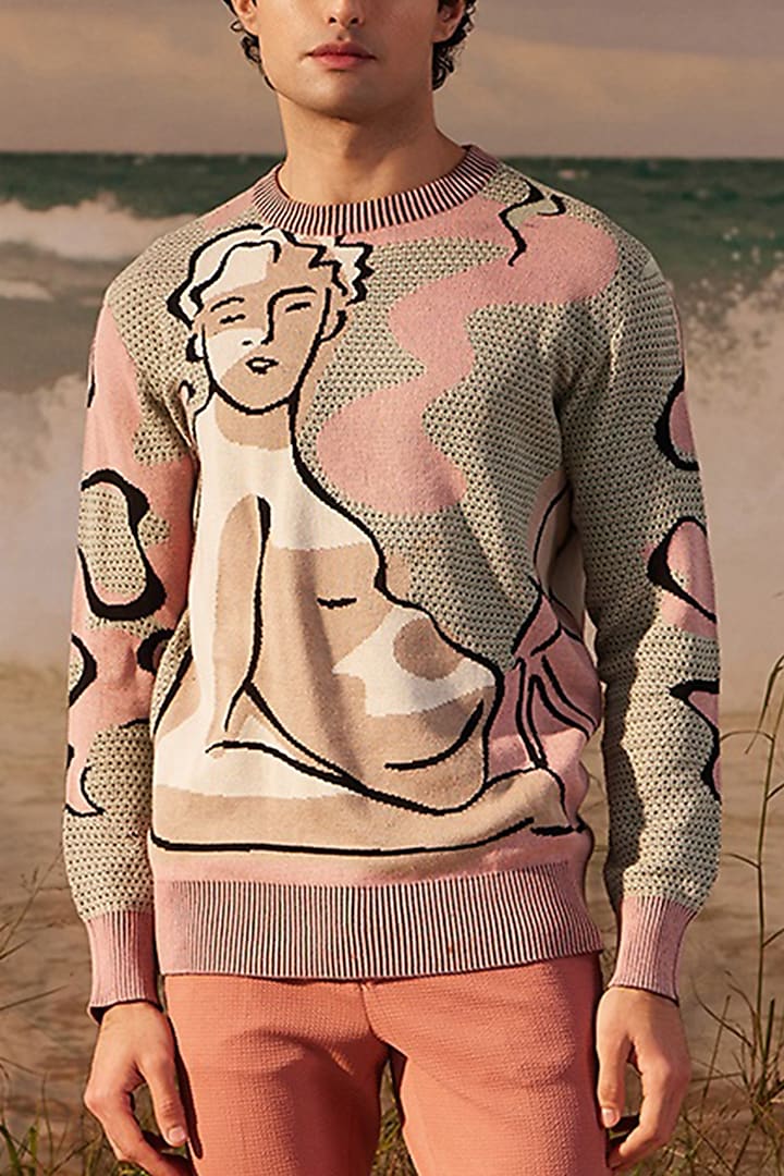 Grey Cotton Printed Hand-Knitted Jumper by Shivan & Narresh Men at Pernia's Pop Up Shop
