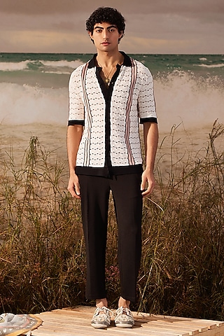 Ivory Cotton Knitted Button Down Polo by Shivan & Narresh Men