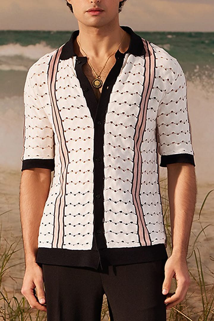 Ivory Cotton Knitted Button Down Polo by Shivan & Narresh Men at Pernia's Pop Up Shop