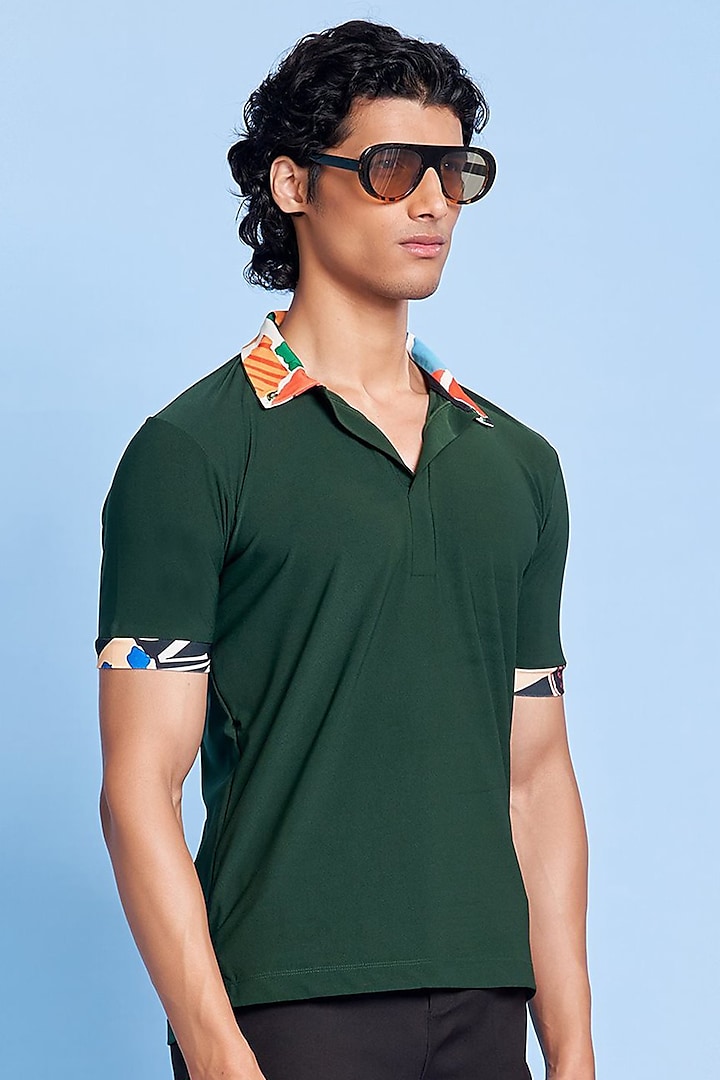 Bottle Green Polyester Jersey Polo T-Shirt by Shivan & Narresh Men