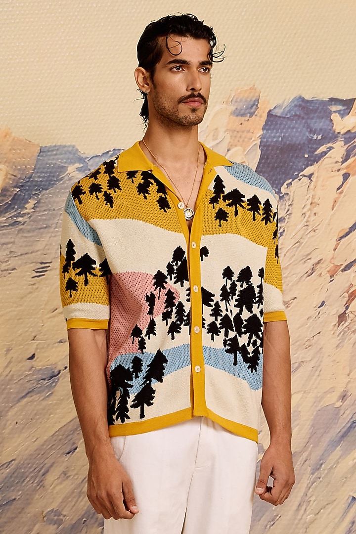 Multi-Colored Knitted Cotton Jacquard Wedding Shirt by Shivan & Narresh Men at Pernia's Pop Up Shop