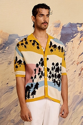 Multi-Colored Knitted Cotton Jacquard Shirt by Shivan & Narresh Men
