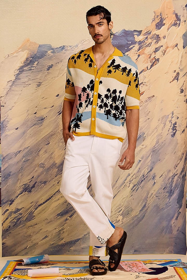Multi-Colored Knitted Cotton Jacquard Wedding Shirt by Shivan & Narresh Men at Pernia's Pop Up Shop
