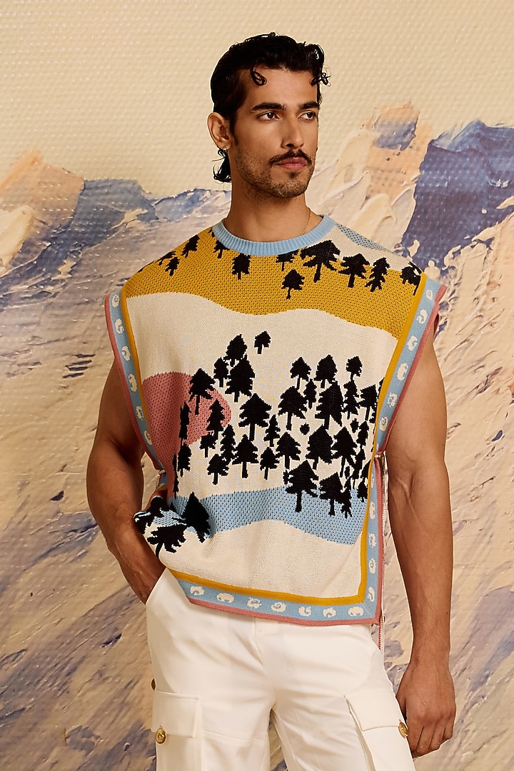 Multi-Colored Cotton Knitted Poncho by Shivan & Narresh Men at Pernia's Pop Up Shop