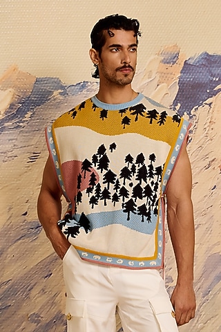 Multi-Colored Cotton Knitted Poncho by Shivan & Narresh Men