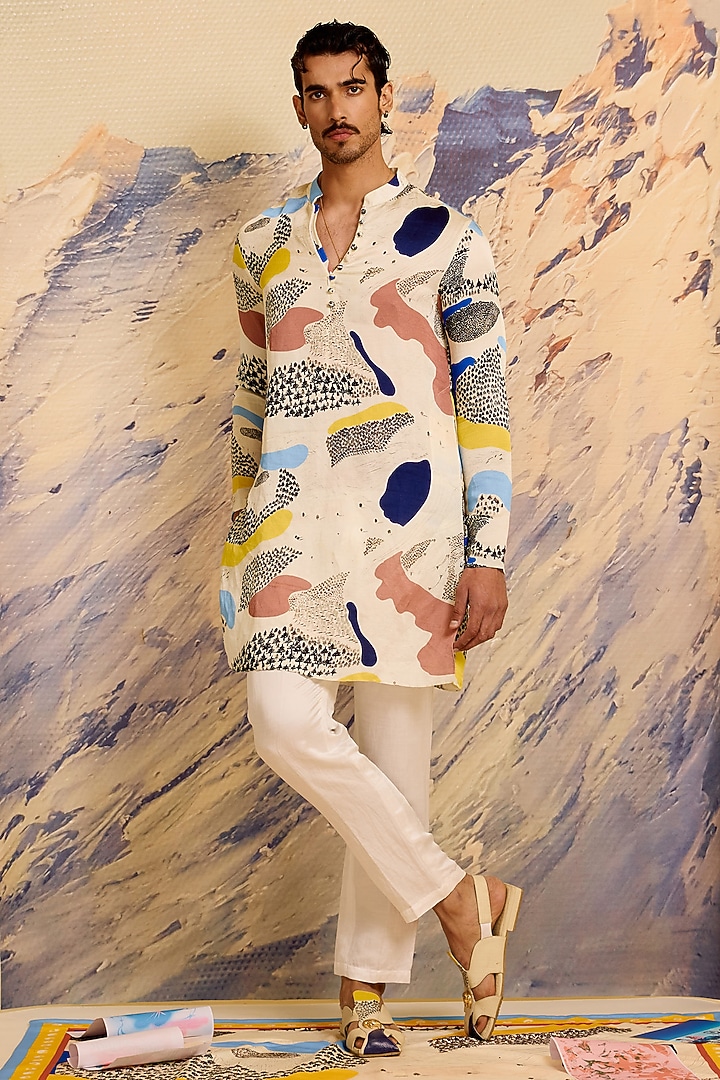 Multi-Colored Linen Blend Printed Kurta Set by Shivan & Narresh Men at Pernia's Pop Up Shop