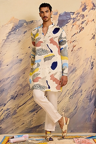 Multi-Colored Linen Blend Printed Kurta Set by Shivan & Narresh Men