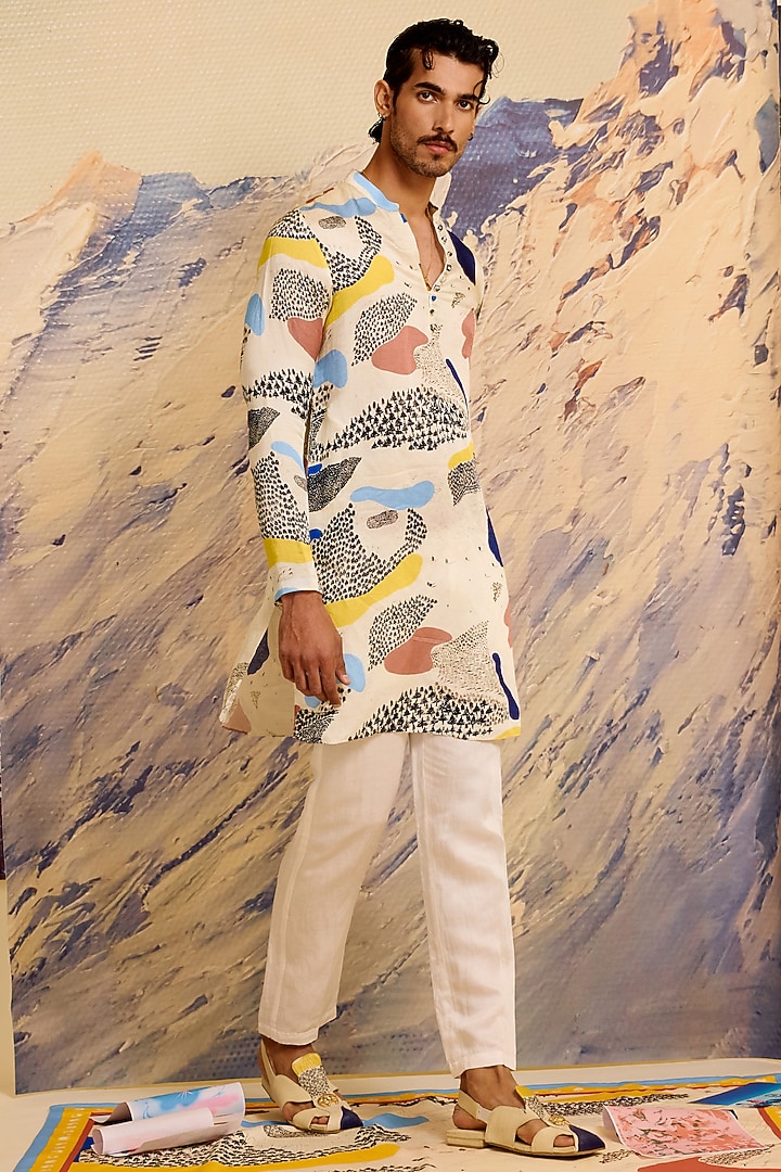 Multi-Colored Linen Blend Printed Kurta Set by Shivan & Narresh Men at Pernia's Pop Up Shop